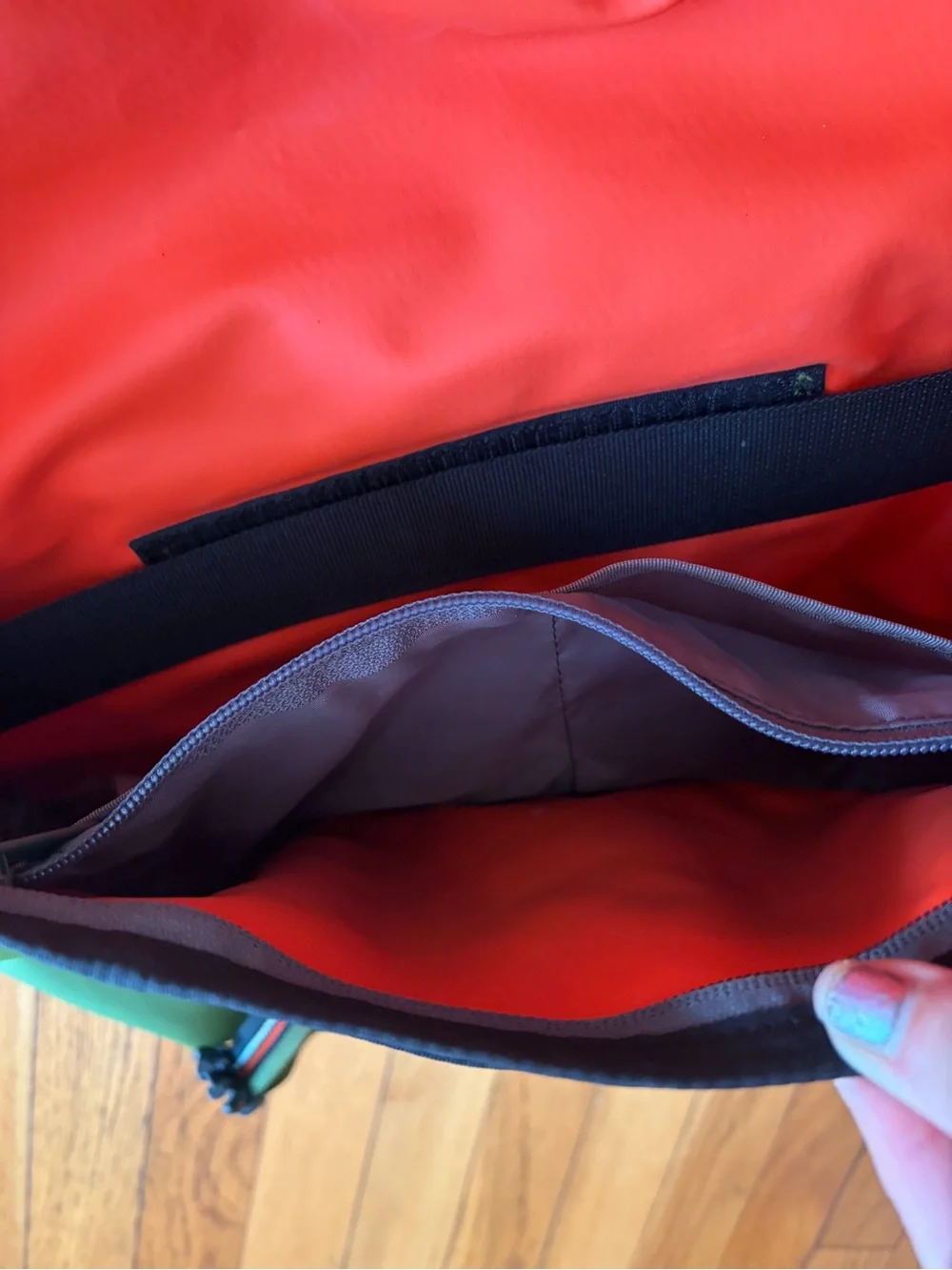 Timbuk2 Olive Green, Black & Orange Messenger Bag.